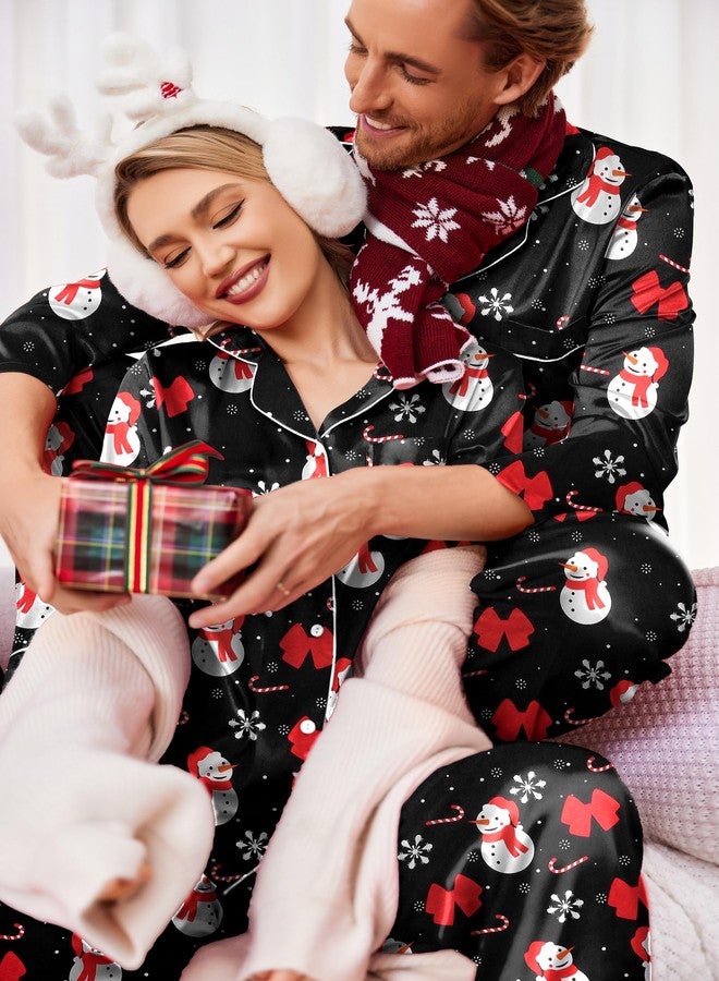 Ekouaer Couples Matching Pajamas Silk Long Sleeve Sleepwear Satin Soft Button Down Loungewear Pjs Set,Christmas Black,XXL - Image 3